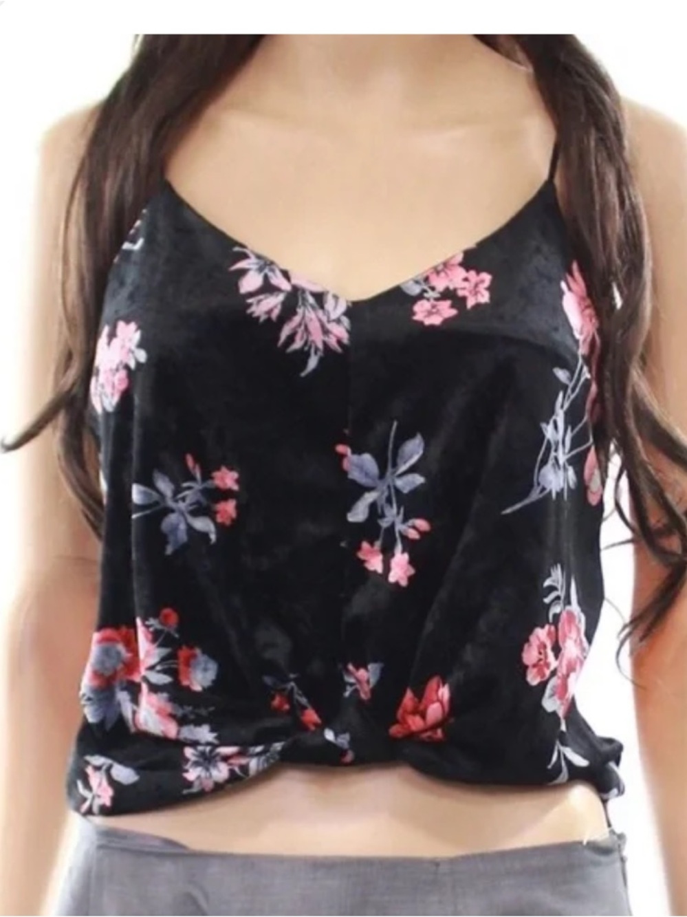 Lush- velvet Black Floral Twist-Front Tank Top